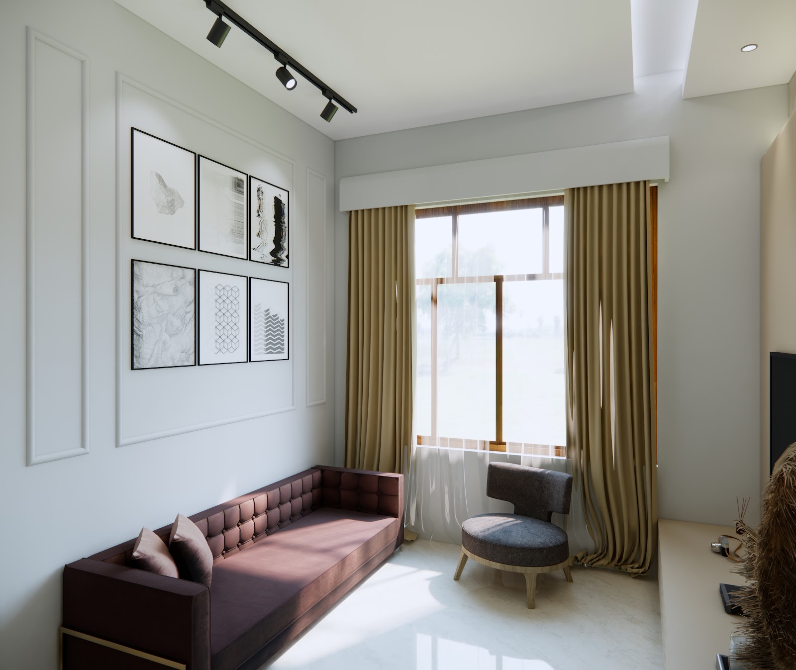 Render of a living room reading nook with a burgundy tufted-velvet sofa and a grey boucle accent chair by a curtained window