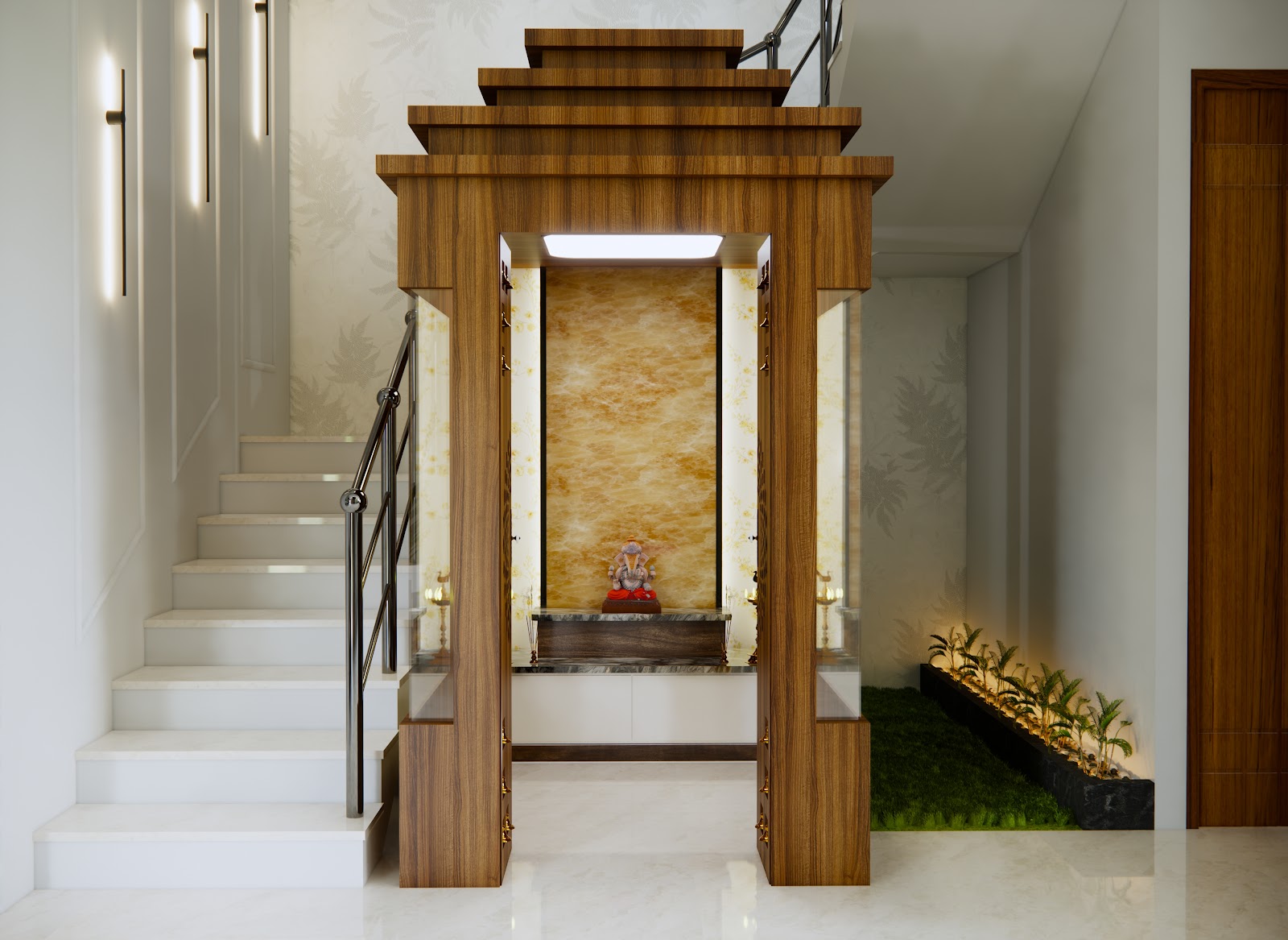Render of a temple-style teak pooja unit with a backlit onyx panel, set beneath a staircase beside an indoor landscaped planter strip.