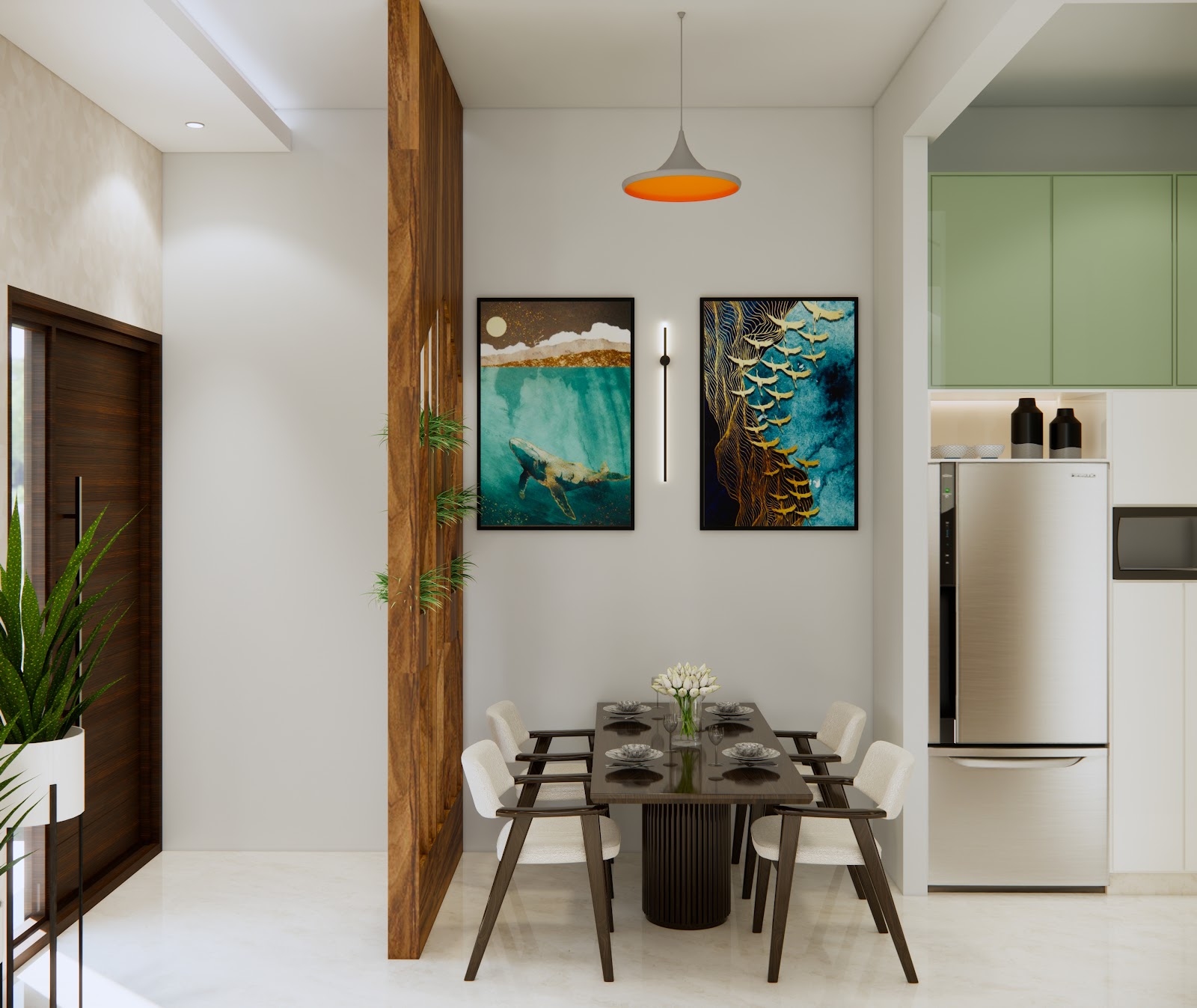 Render of a dining nook with a dark wood table set for four beneath an orange pendant light