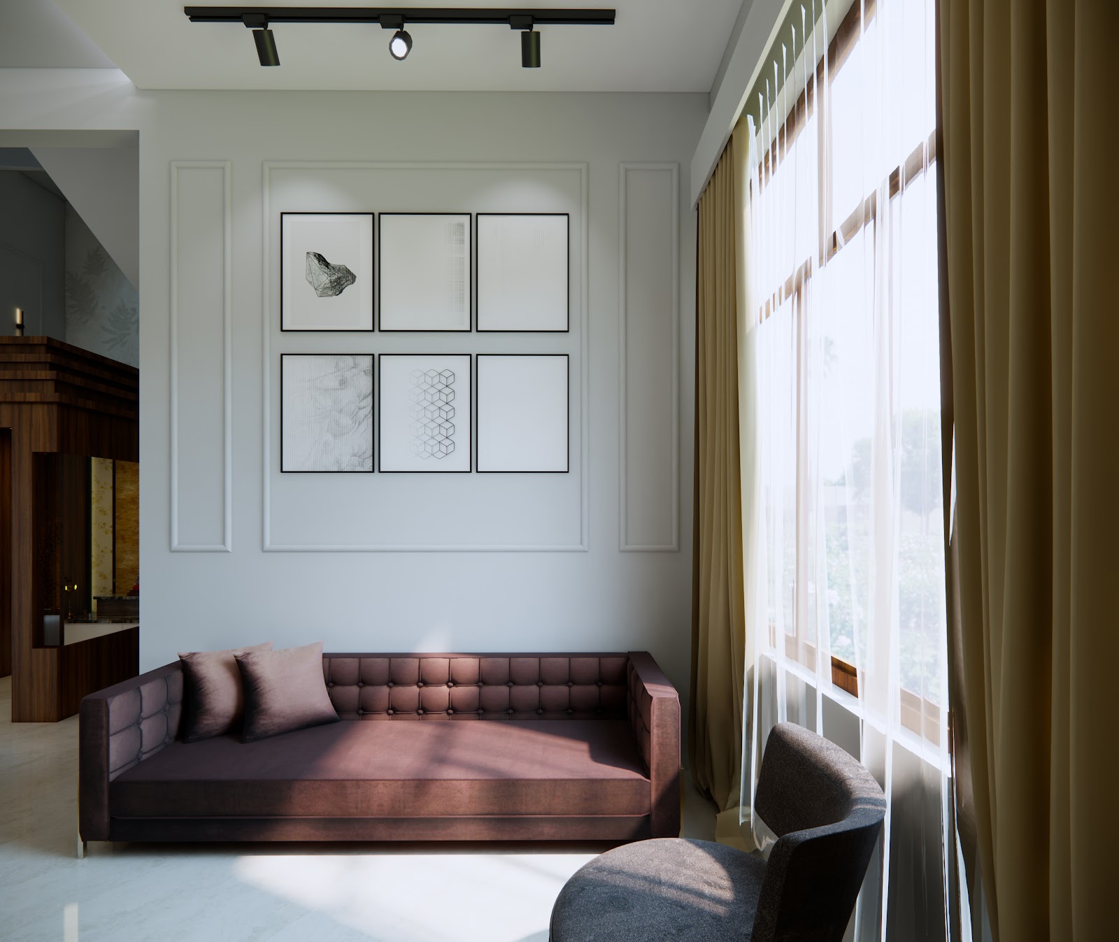 Render of a living room with a plum tufted sofa beneath a six-panel gallery wall of framed prints in a moulded wall recess, lit by track spotlights