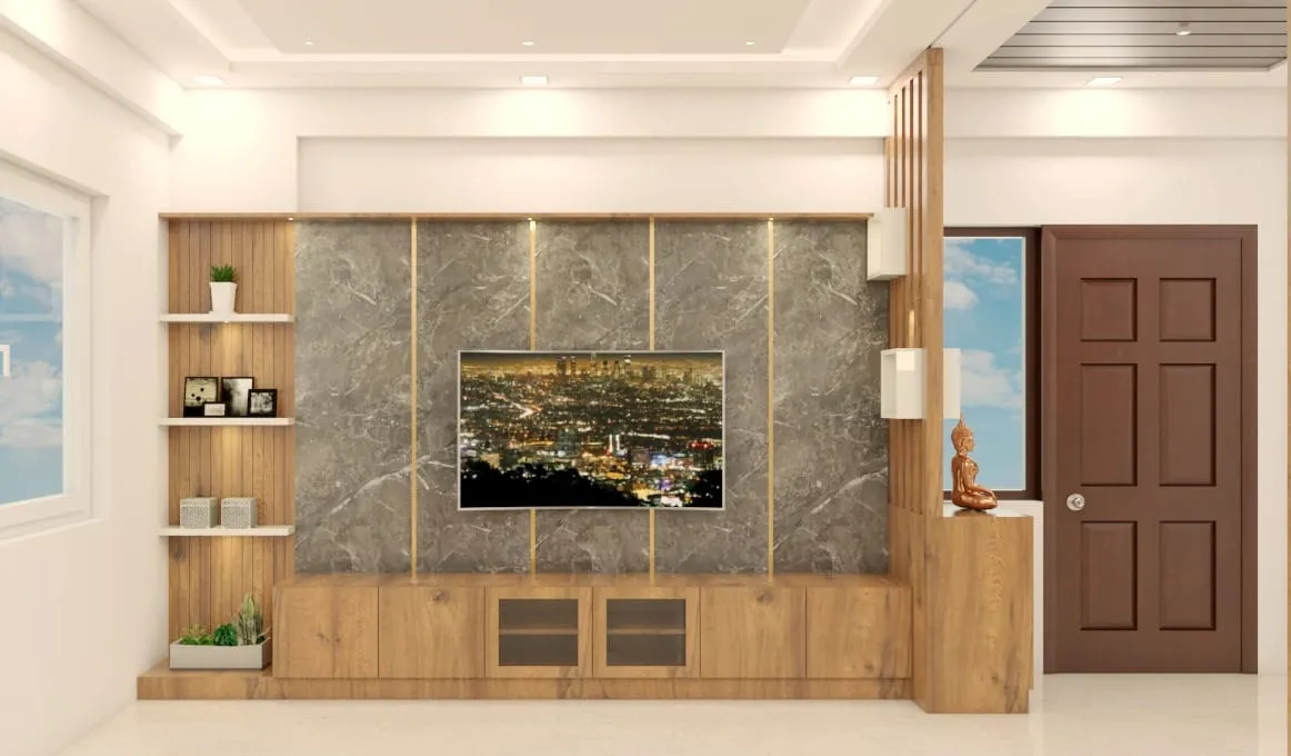 Render of a living-room TV wall in five grey marble-effect panels split by slim brass strips, with an oak-laminate console below