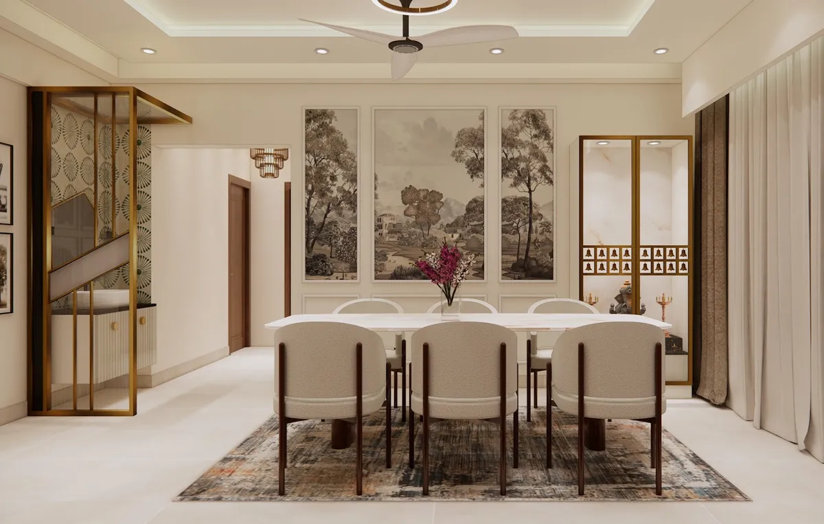 Render of a dining room with a marble-top table under a ring-light ceiling fan, a triptych of tree-landscape wall art in moulded panels