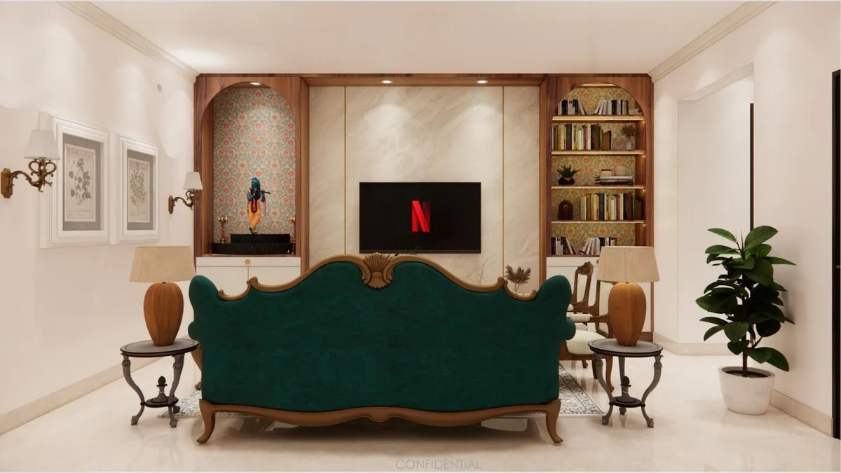 Render of a classical living room where a carved emerald velvet settee faces a marble TV panel flanked by arched wooden niches - a Krishna idol on a black