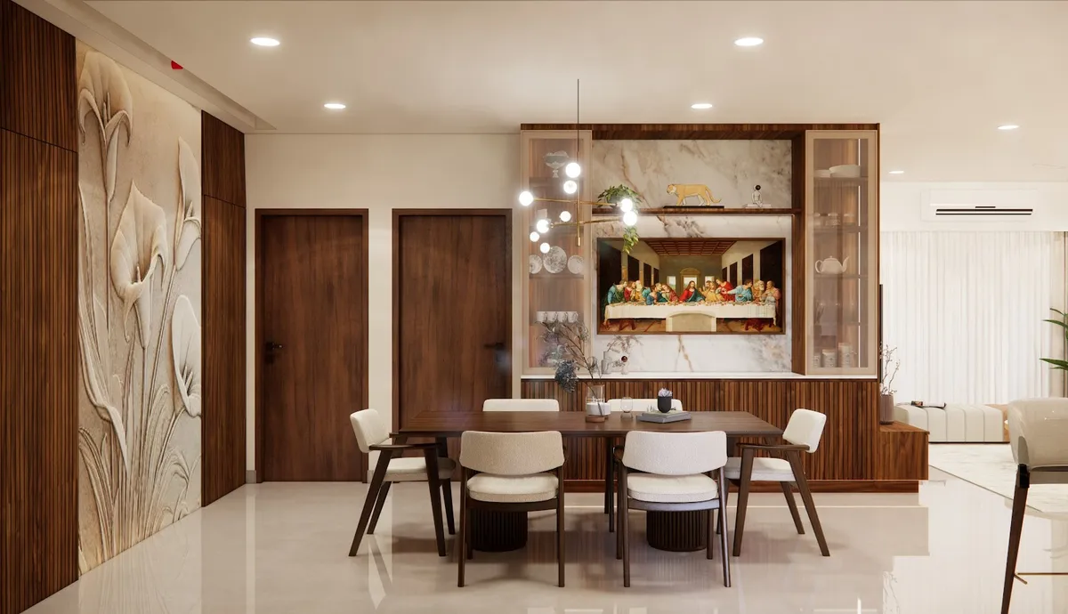 Render of a walnut dining room where a carved ivory lily relief covers the left wall and the crockery unit is built around a framed Last Supper painting