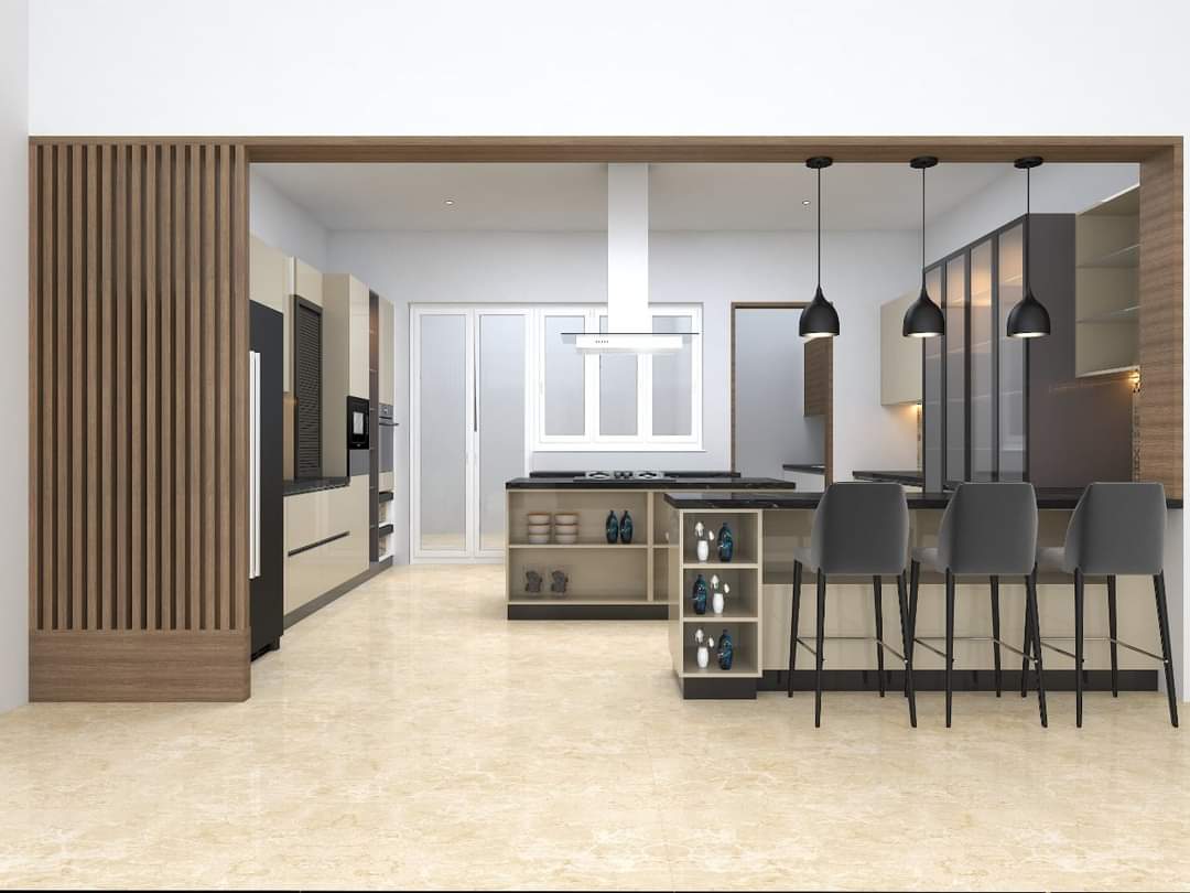 Render of an island kitchen with glossy beige cabinets, a black stone countertop, three black pendant lights over a breakfast bar