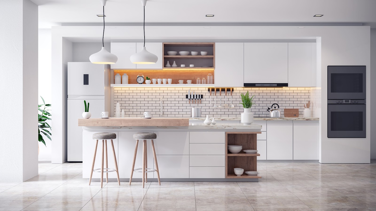 White Scandinavian-style kitchen with a marble-topped island, a wood breakfast counter with two stools, a white subway-tile backsplash, open wood shelving