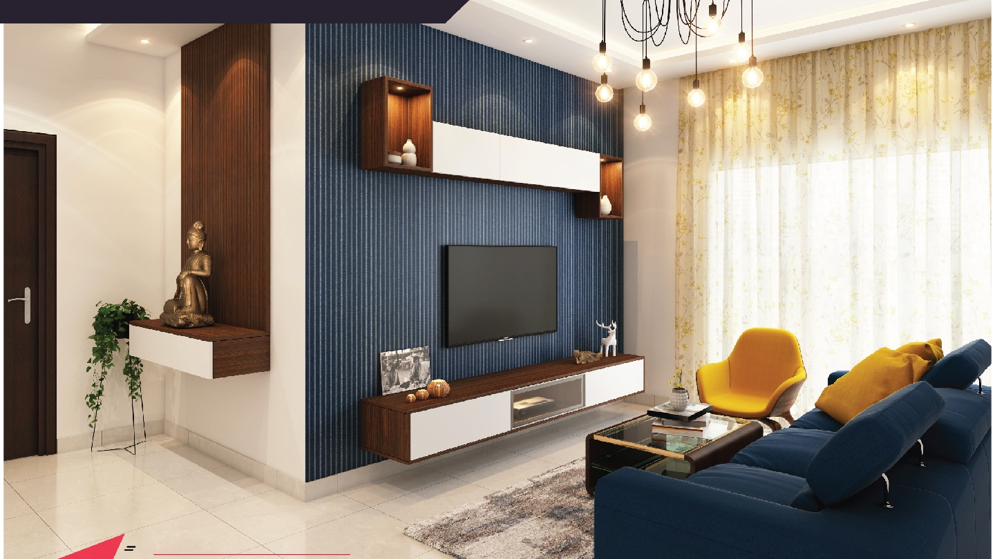 Render of a living room with a blue pinstripe-wallpaper TV wall and floating wood-and-white console, a mustard-yellow accent chair beside a navy sofa