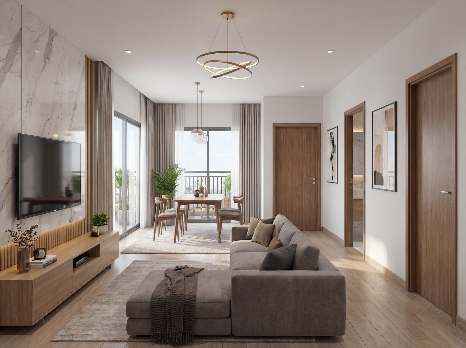 Render of an open-plan living and dining space with a marble TV feature wall, wood-plank flooring, and a balcony behind sliding doors.