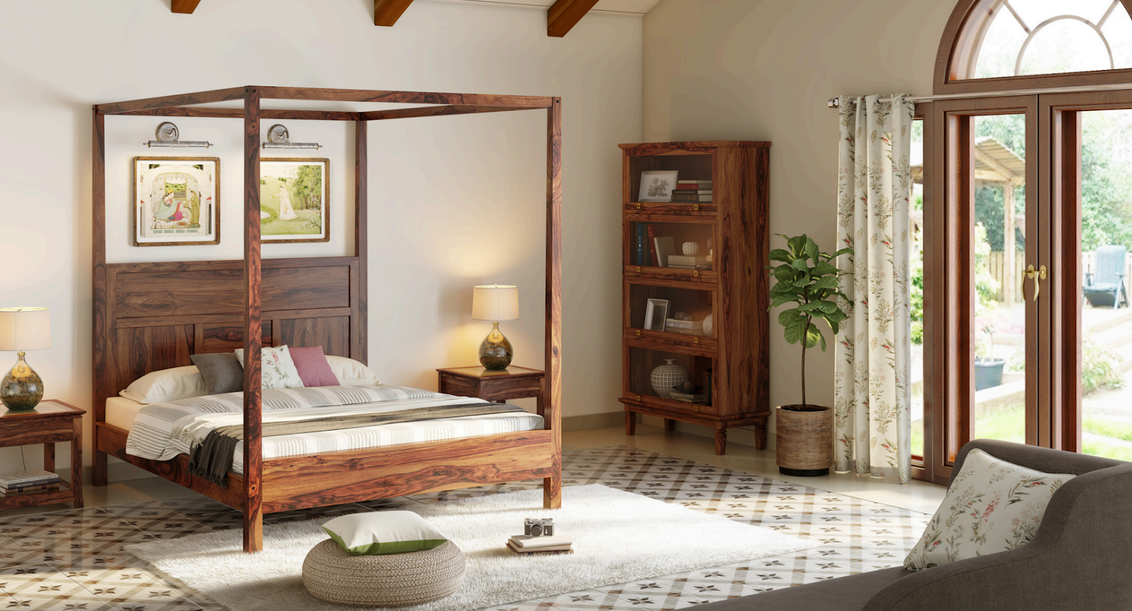 Render of a bedroom with a four-poster sheesham wood canopy bed, matching wood bedside tables and bookshelf cabinet