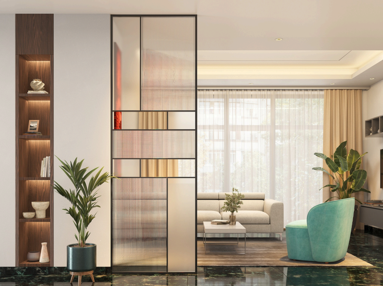 Render of a living room divided by a fluted reeded-glass and black metal partition from a display shelving nook, with a beige sofa