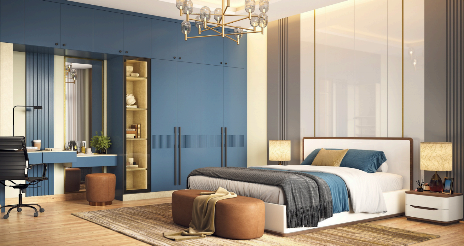 Render of a luxury master bedroom with a glossy blue wardrobe wall, a built-in study nook, leather ottomans at the foot of the bed