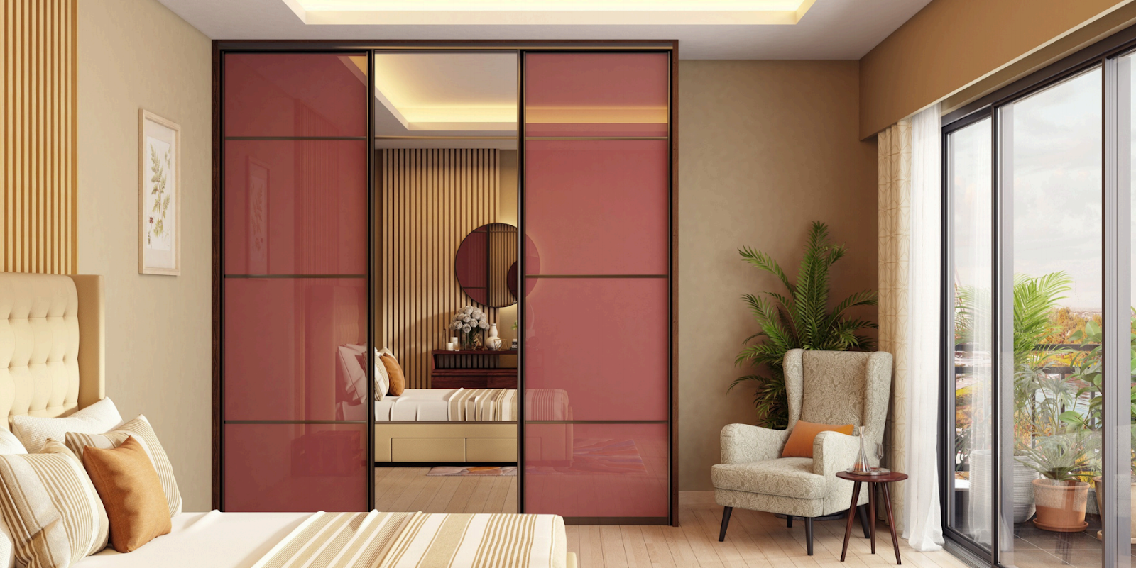Render of a bedroom with a glossy red-glass sliding wardrobe with a mirrored center panel, a tufted cream headboard