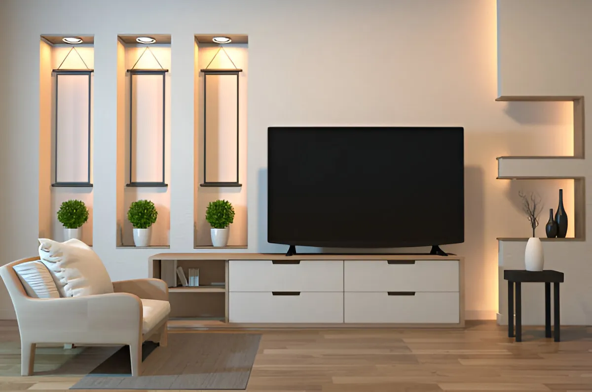 Render of a living room where three lit wall niches hold hanging paper scrolls above matching potted topiaries