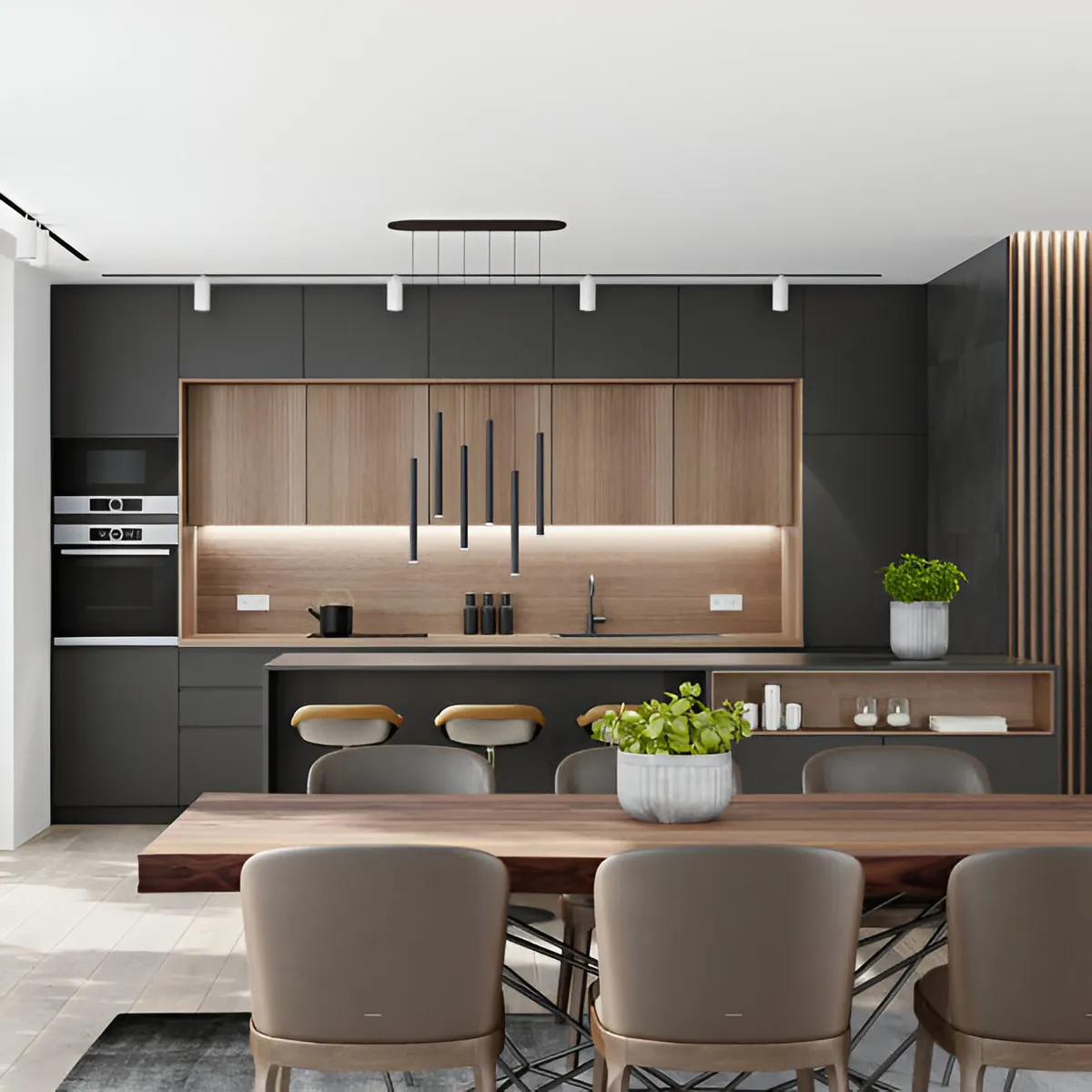 Rendered open-plan kitchen with matte charcoal cabinetry, a wood-veneer backsplash with under-cabinet lighting