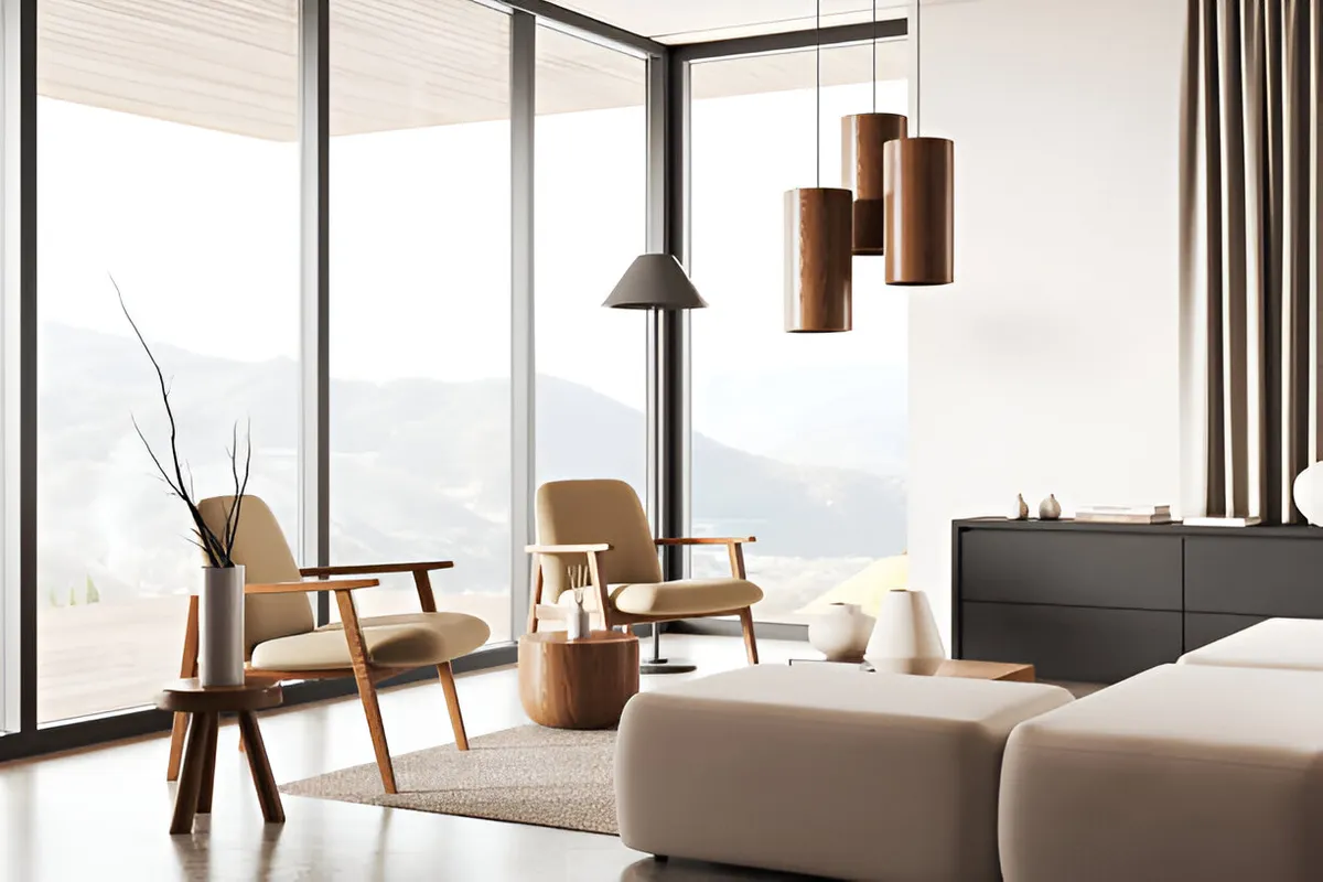 Render of a living lounge with floor-to-ceiling glazing overlooking mountains, cream mid-century armchairs, a cluster of wood cylinder pendant lights