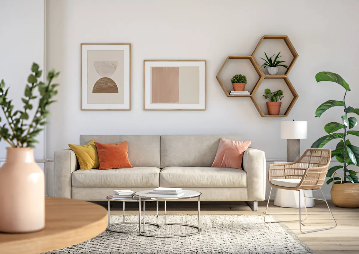 Render of a pale living room with three timber hexagon wall shelves holding potted succulents beside two abstract prints