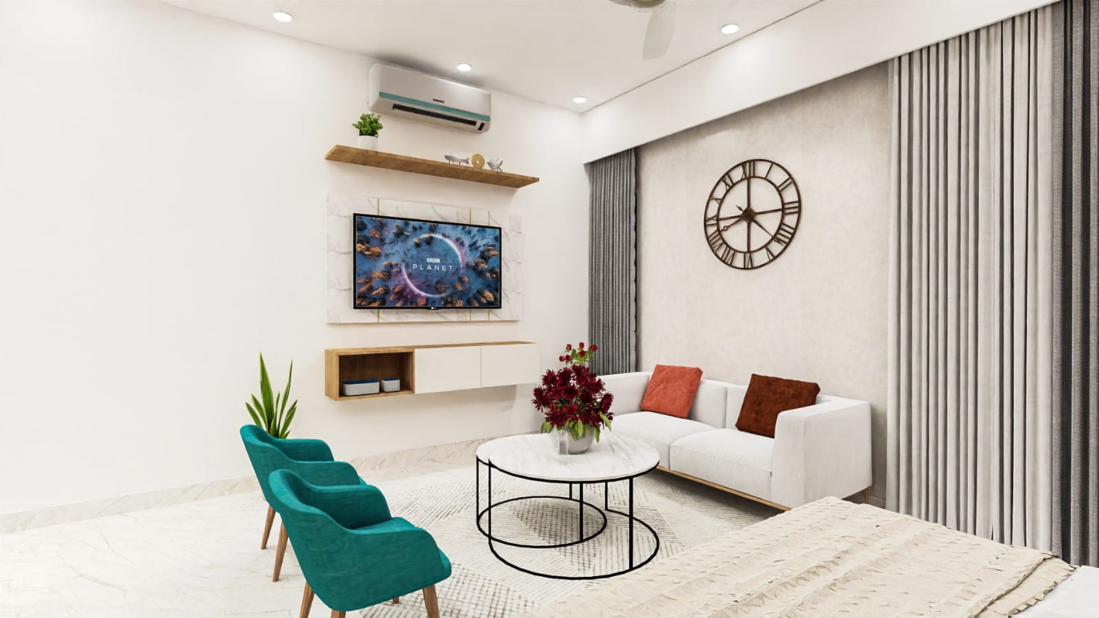 A render of a living room with a white L-shaped sofa, teal accent armchairs, a round marble-top coffee table