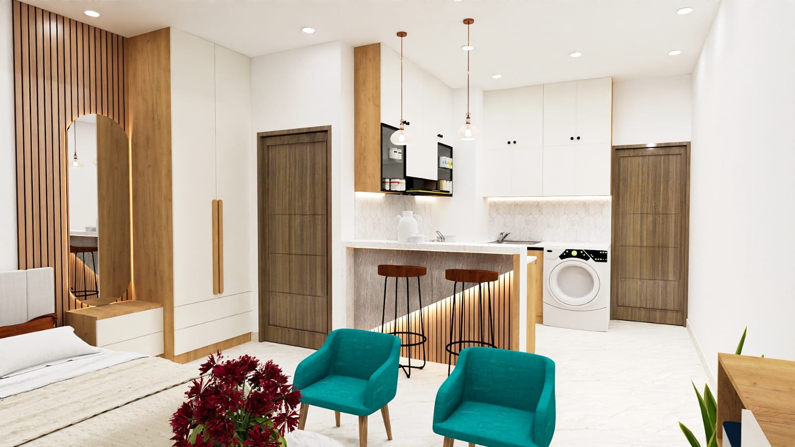 Render of an open-plan studio apartment showing a bed nook with an arched mirror, and a kitchenette with a marble bar counter and stools.
