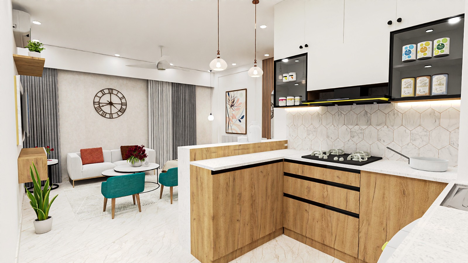Render of an open-plan home showing a wood-cabinetry kitchen with hexagonal marble backsplash and gas hob in the foreground
