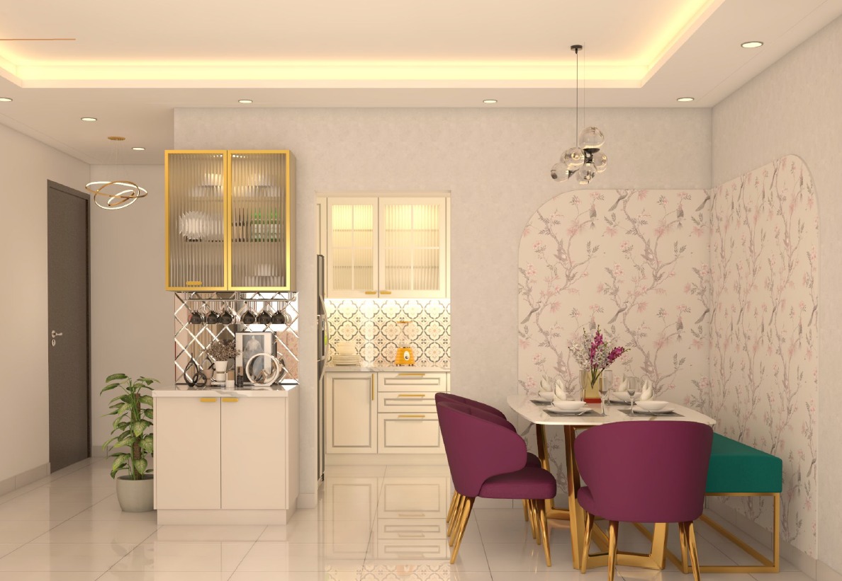 Render of a dining nook beside a glass-front gold-trimmed crockery unit, with magenta velvet dining chairs and a teal bench on brass legs