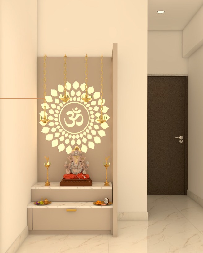Render of a pooja unit with a backlit Om mandala wall panel and a marble-top console housing a Ganesh idol