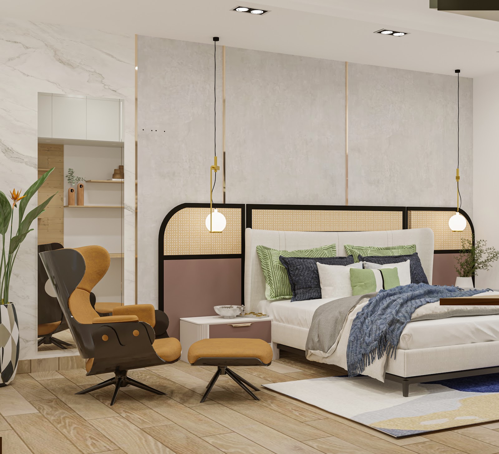Render of a bedroom with a mid-century wingback lounge chair and ottoman beside a cane-and-color-blocked headboard wall