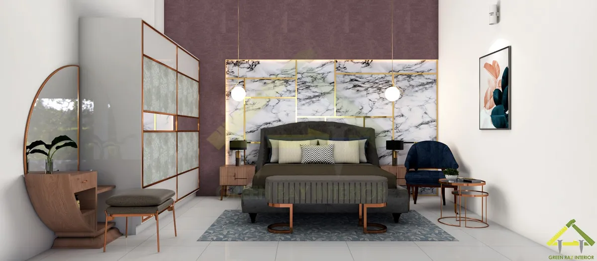 A render of a bedroom with an olive velvet upholstered bed against a marble-and-gold panelled feature wall, flanked by pendant lights
