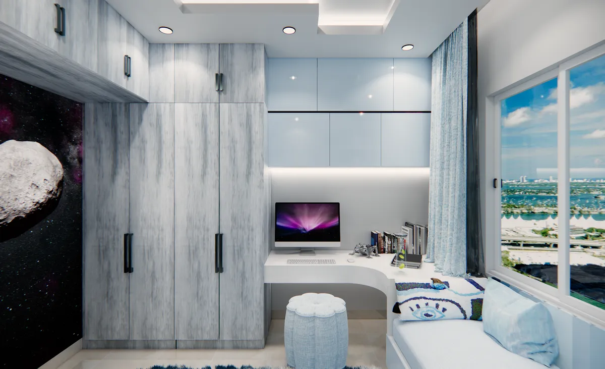 Render of a child's room with a space-and-asteroid wall mural beside a grey wood-grain wardrobe run