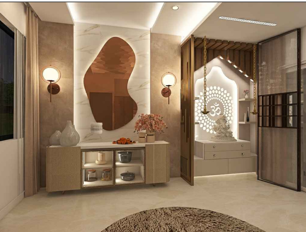 Rendered marble-clad entrance foyer with an organic bronze mirror over a fluted console, opening into a backlit Om pooja niche with a Ganesha idol.