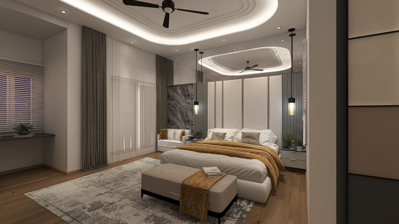 Render of a luxury master bedroom with a stepped cove-lit POP ceiling, an upholstered and fluted-panel headboard wall, twin pendant lights flanking the bed