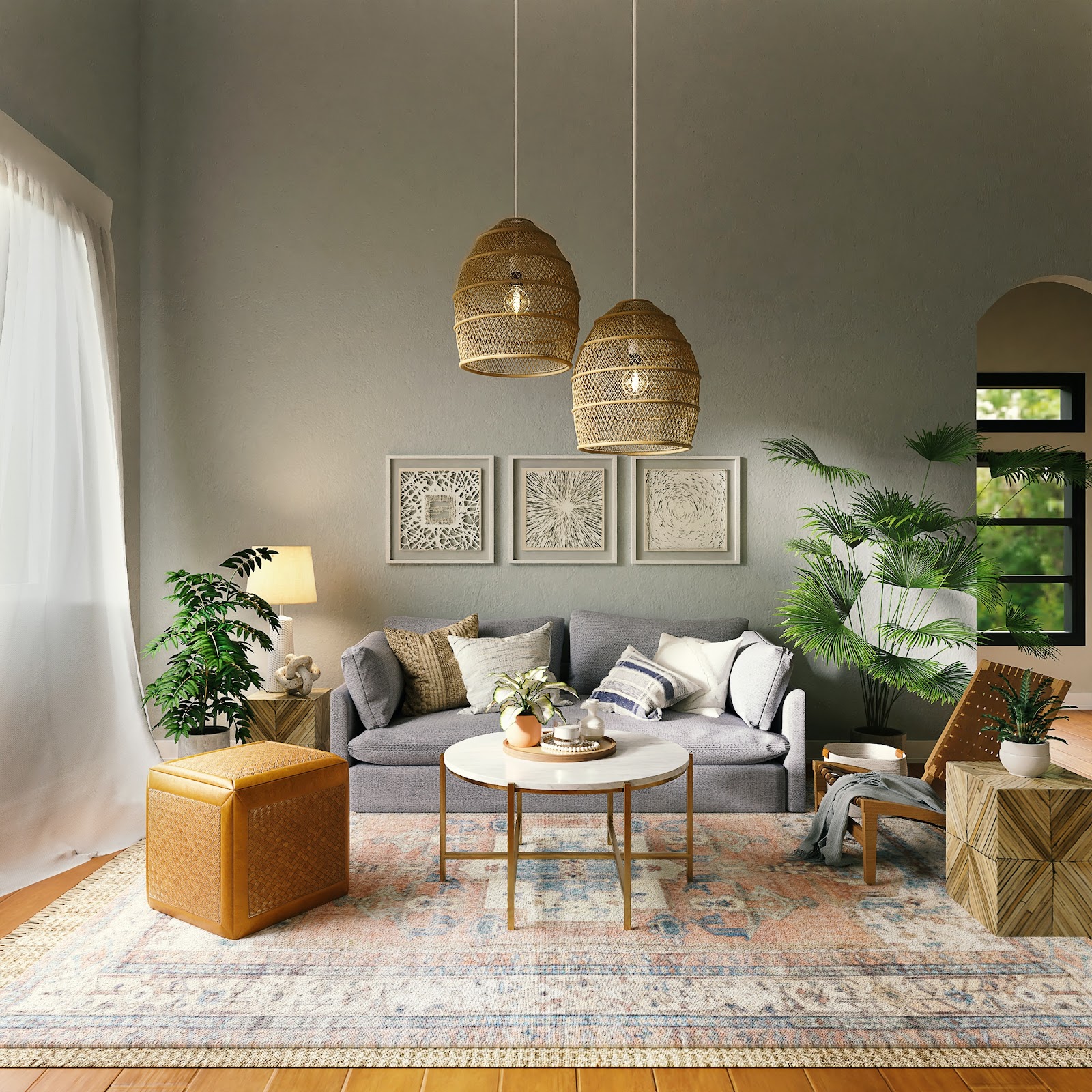 Render of a boho living room with woven rattan pendant lights, a grey sofa, a marble-top coffee table, and a patterned vintage-style area rug.