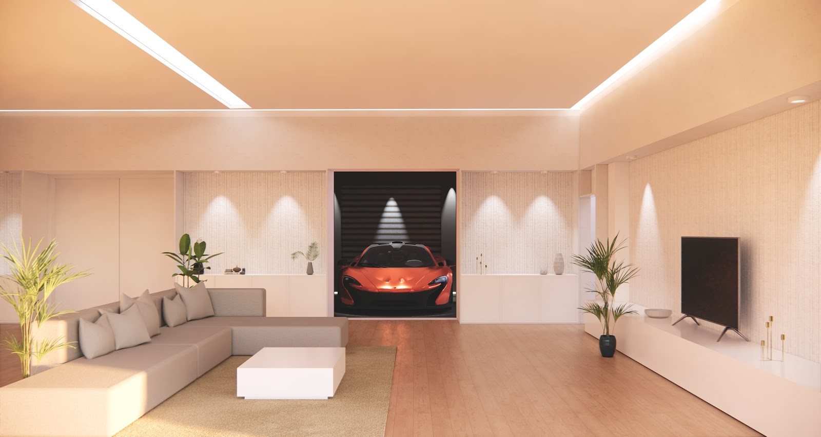 Render of a living room with an L-shaped sectional sofa and a floating TV console, opening onto a spotlit display garage showcasing a sports car.