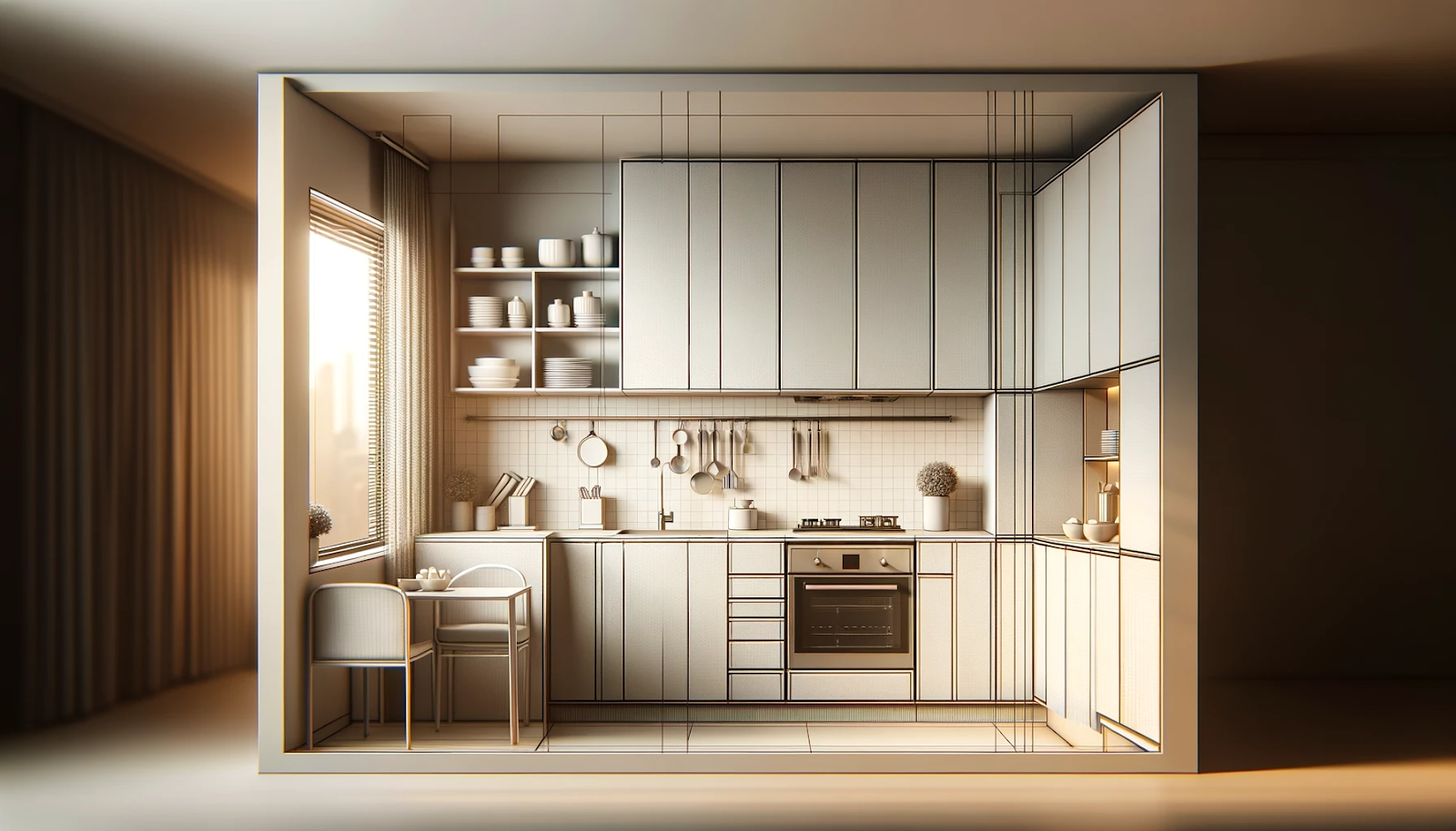 Render of a small galley kitchen with light textured cabinetry, open shelving of ceramic dishware, a grid-tile backsplash with hanging utensils