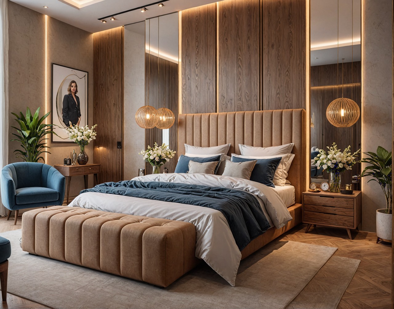 Render of a luxury bedroom with a channel-tufted tan velvet bed and matching bench, a wood-panelled headboard wall, rattan sphere pendant lights