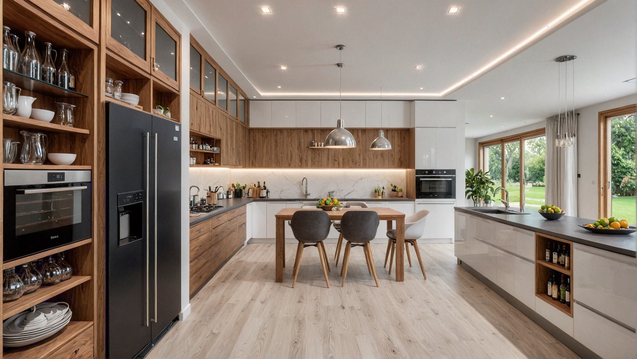 Open-plan kitchen with a wood-and-white cabinetry run, marble backsplash, a central dining table under twin dome pendants, and a garden-facing island.