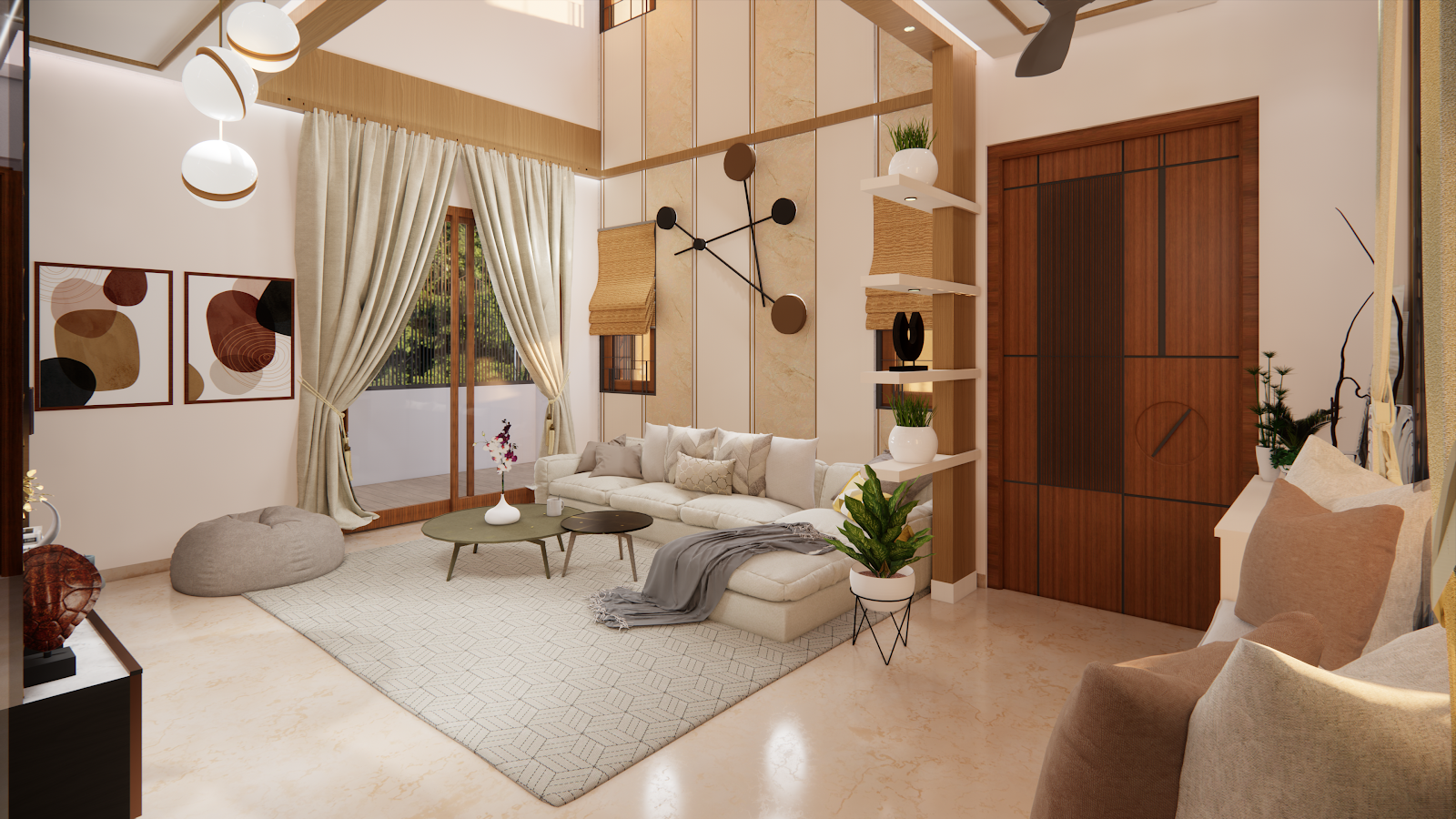Render of a double-height living room with a marble and wood panelled feature wall, a triple globe pendant light, a wood-panelled main door