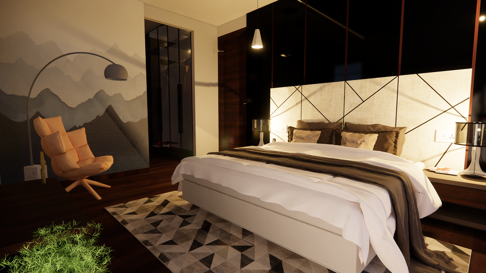 Render of a moodily lit master bedroom with a black glossy panelled wall behind a geometric quilted cream headboard panel