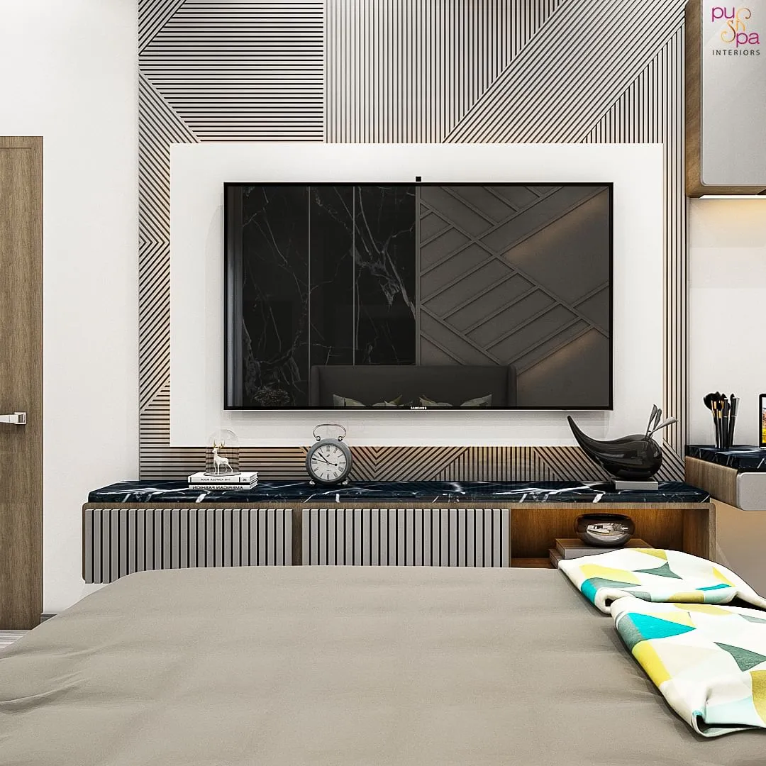 Render from the foot of a bed onto a TV wall of diagonally mitred fluted panelling framing a white recess