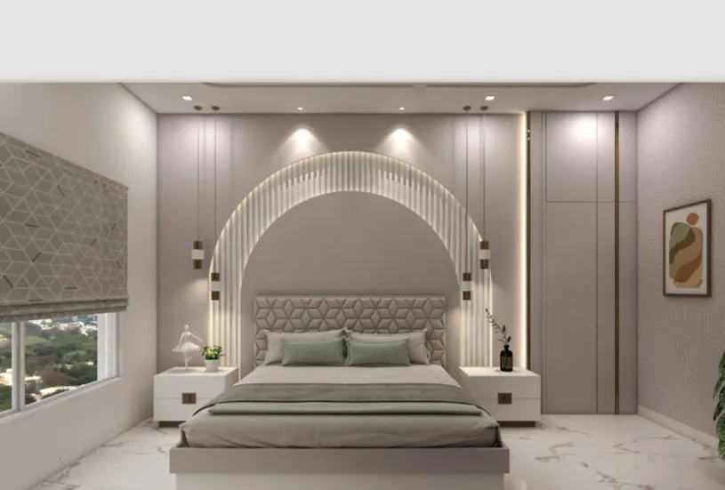 Render of a bedroom with an arched fluted alcove behind a geometric-pattern upholstered headboard, flanked by drop pendant lights, sage green bedding