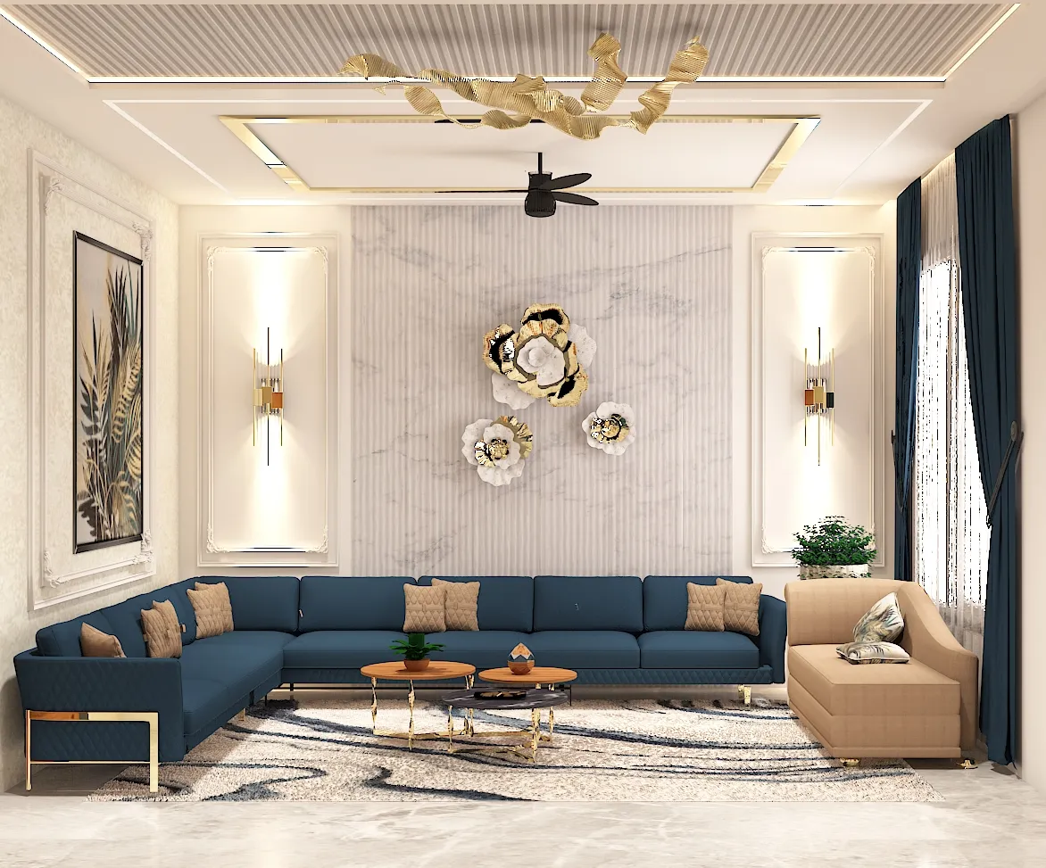Render of a long formal living room where gold-and-white floral sculptures sit on a marble-and-fluted feature wall above a nine-seat teal quilted sofa