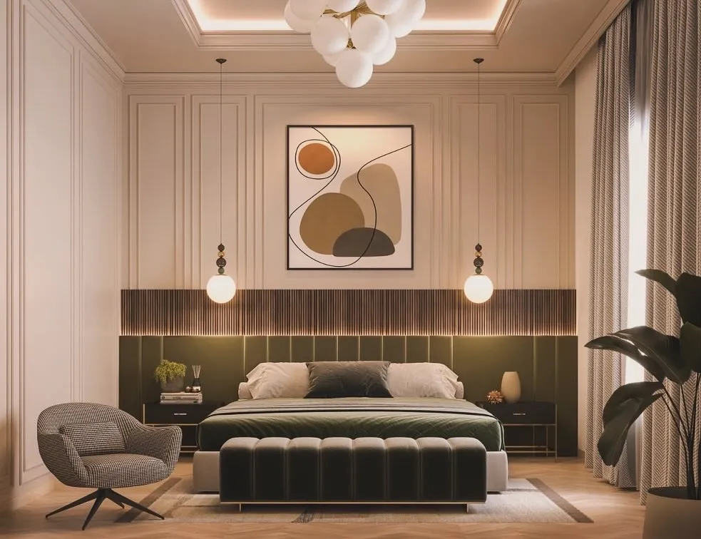 Render of a bedroom with an olive velvet headboard wall under a fluted timber band, ivory moulded panelling