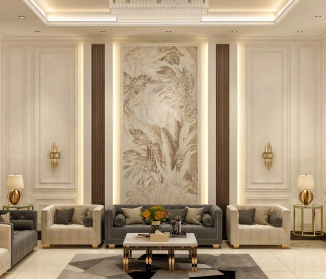 Render of a symmetrical formal living room with cream wall panelling, fluted wood pilasters, a large leaf-pattern backlit art panel, gold wall sconces