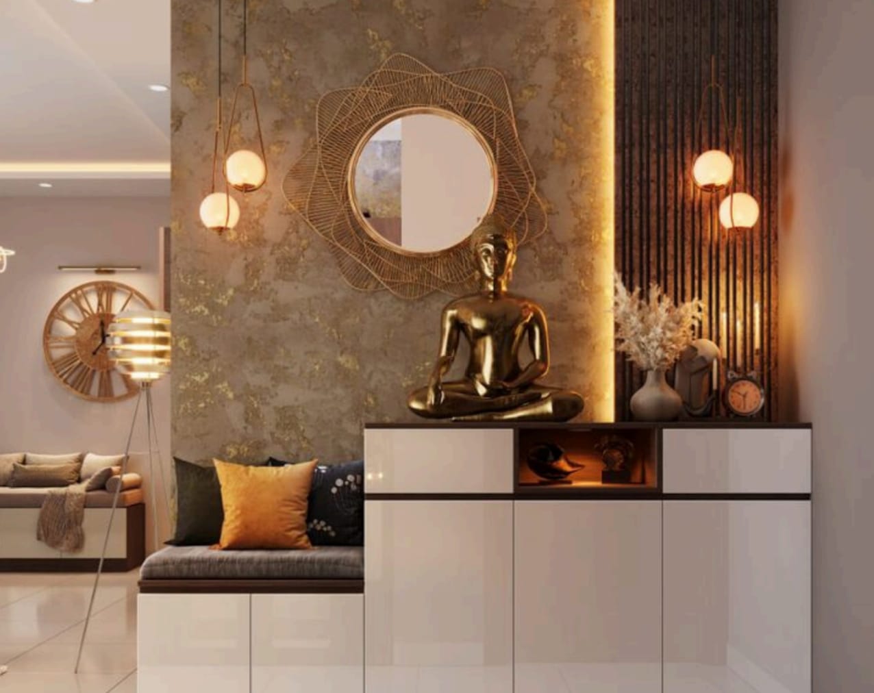 Render of an entrance foyer with a white gloss shoe cabinet, a starburst mirror over a gold Buddha statue