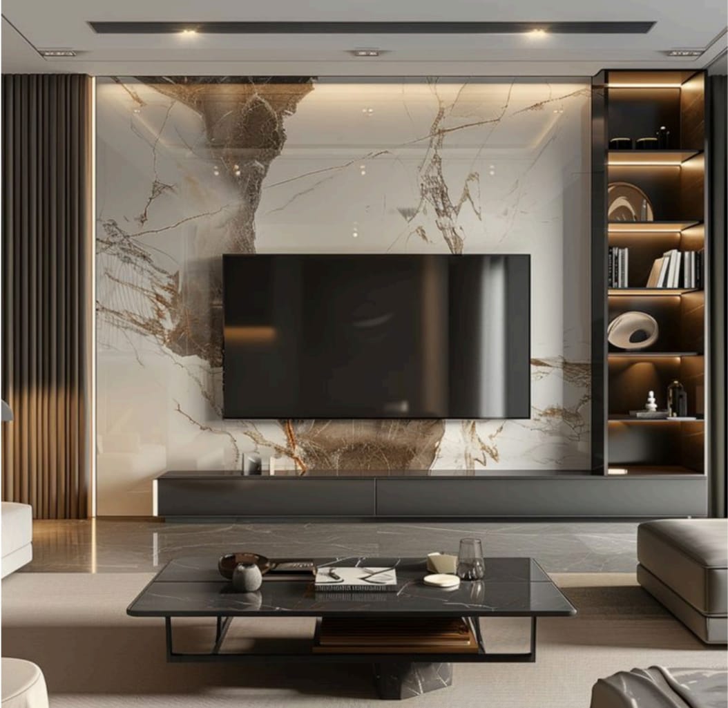 Render of a living room with a dramatic bookmatched marble TV feature wall, a floating charcoal console, a backlit display shelving column