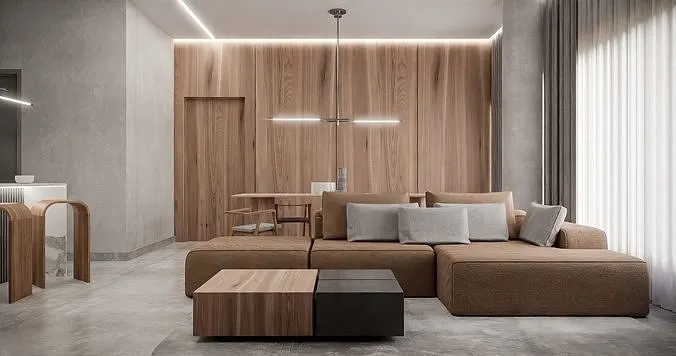 Render of a minimalist living room with full-height oak slat wall panelling, a linear pendant light over a two-tier walnut and black coffee table