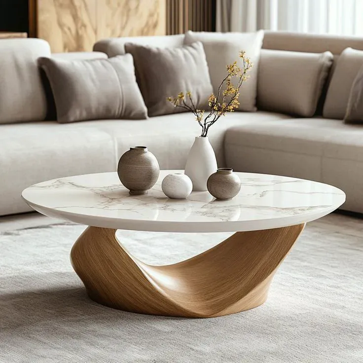 Render of a living room centred on an oval marble-topped coffee table with a twisted oak sculpted base