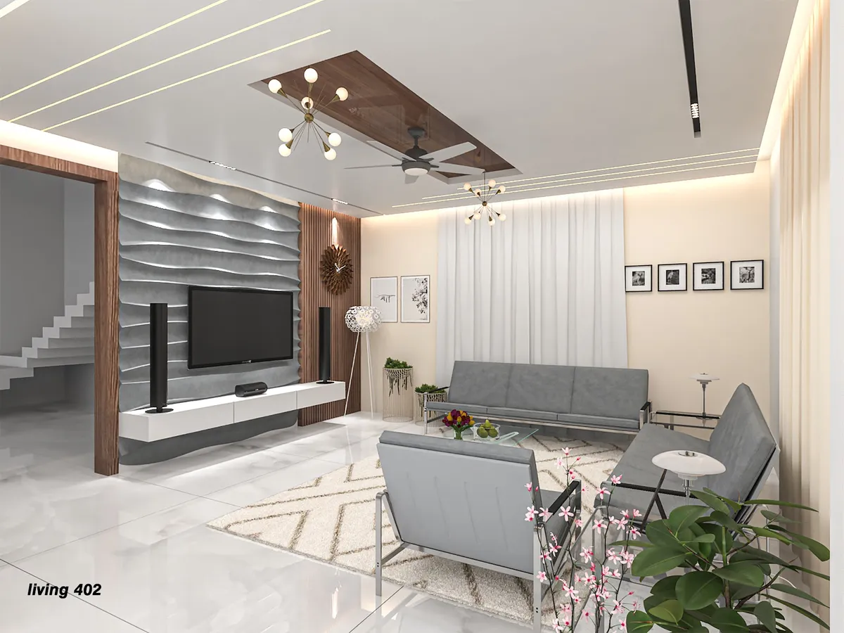 Render of a living room with a wavy stone-textured TV feature wall, a wood-panelled ceiling inset hung with two sputnik chandeliers