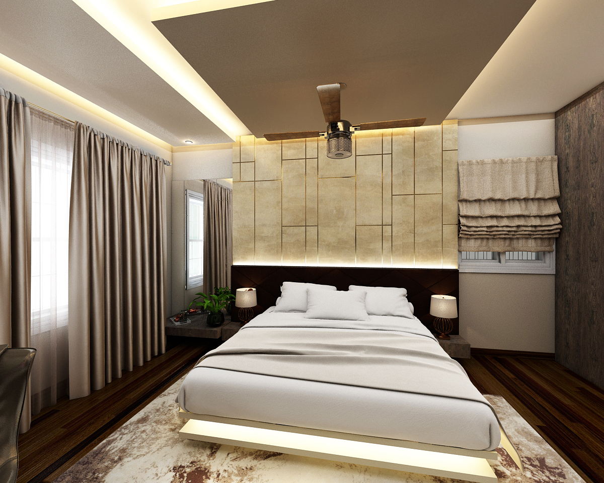 Render of a master bedroom with a gold-panelled feature wall behind a dark leather headboard, a backlit floating bed platform, and dark wood flooring.