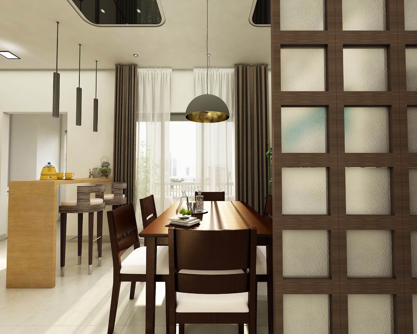Render of a dining area with a wood-and-frosted-glass grid partition, a dome pendant light and sheer-curtained balcony doors.