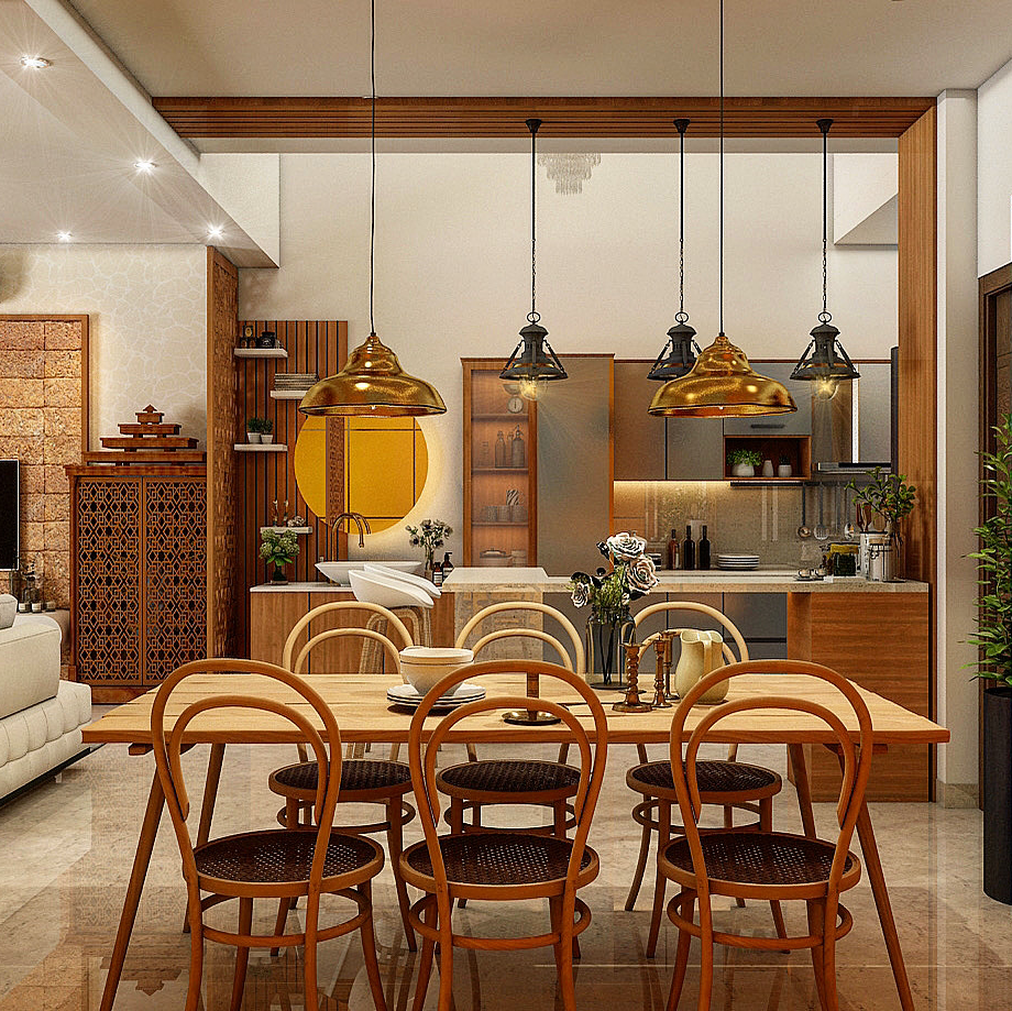Render of an open dining zone with a wood table surrounded by bentwood cane-seat chairs under a row of amber glass pendant lights, kitchen visible beyond.